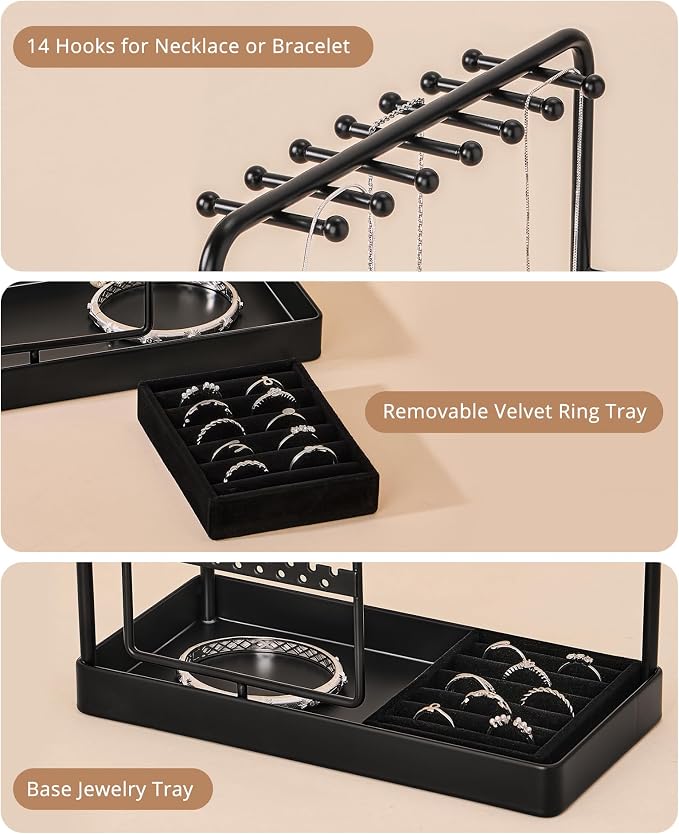 ProCase Jewelry Stand Holder Organizer and Storage, Black (No-Assembly) | Rotating Earring Bracelet Holder Storage, Hanging Jewelry Display Velvet Ring Tray, Teen Girls Birthday Gifts Room Dorm Decor