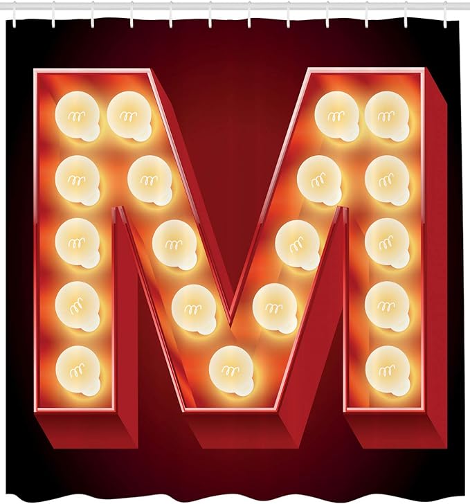 Ambesonne Letter M Shower Curtain, Vintage Alphabet Group of Old Movie Theaters Casinos Retro Type, Cloth Fabric Bathroom Decor Set with Hooks, 69" W x 84" L, Vermilion Yellow Black