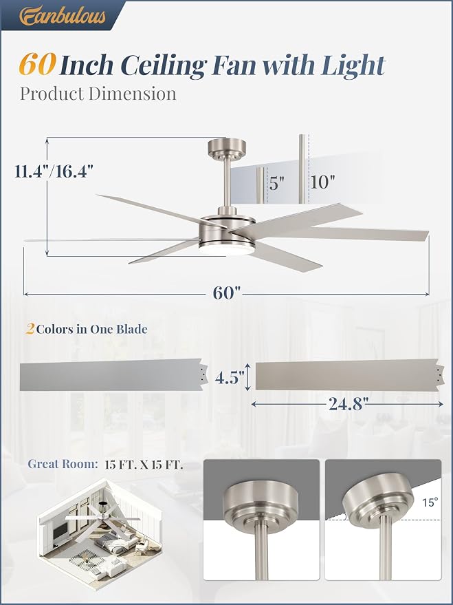Fanbulous 60 Inch Ceiling Fans with Lights and Remote, Reversible 6 Blades, Dimmable, 3000K-6000K Adjustable, Outdoor Ceiling Fans for Patios, Large Ceiling Fan for Indoor or Covered Outdoor, Nickel