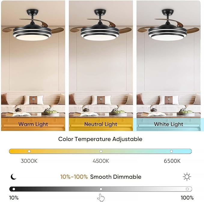 FIDGRA 42 Inch Fandelier Ceiling Fan with Light, Retractable Ceiling Fan with Lights for Bedroom Living Room Dinning Room, Chandelier with Fan 6 Speed, 3 Color Temperature-Black