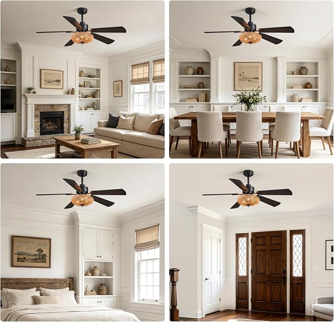 52inch Ceiling fan with Boho Rattan Caged Lampshade, Farmhouse Matte Black Ceiling Fan 5 Blades APP & Remote Control, 6-Speed Remote Dreo Fan Ceiling for Living Room Dining Room Bedroom