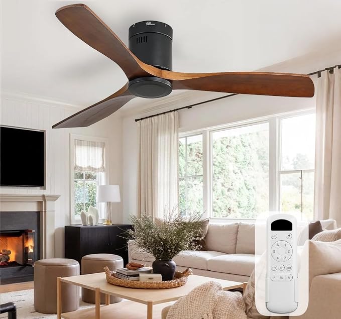 Sofucor 52 Inch Solid Wood Ceiling Fan Without Lights Flush Mount Ceiling Fan with Remote Control-Wood Blades Modern Outdoor Ceiling Fans No Light for Bedroom/Farmhouse/Patio/Indoor, Brown Black
