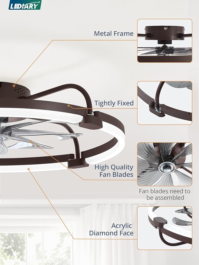 LEDIARY Ceiling Fans with Lights and Remote, 24'' Low Profile Ceiling Fan with Light, 3000-6000K Dimmable Fandelier LED Fan Light, 6 Wind Speeds, Brown Modern Flush Mount Ceiling Fan for Bedroom