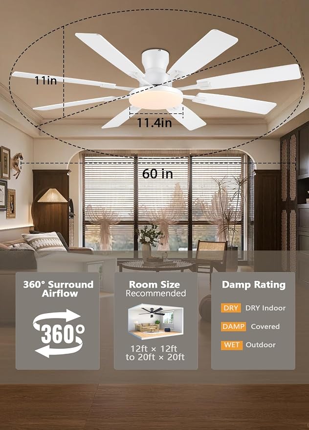 JSAITEE 60Inch Ceiling Fan with Lights Low Profile Flush Mount Woodgrain | Ceiling Fans,DC Reversible Motor Noiseless, 3CCT Dimmable, Dual Finish, 6 Speeds Ceiling Fan for Indoor/Outdoor