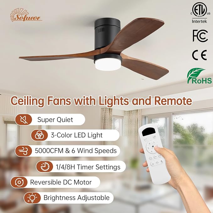 Sofucor 52 Inch Low Profile Ceiling Fans with Light, Modern Flush Mount Solid Wood Ceiling Fan with Airflow 5000CFM, Quiet DC Motor, 6 Speeds, Timer & Reversible for Living Room Bedroom, ETL, Walnut