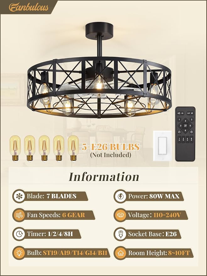 Fanbulous 30 Inch Fandelier Caged Ceiling Fans with Lights and Remote, Black Bladeless Ceiling Fan with 6 Speeds and Timing, Farmhouse Samll Fan Lights Ceiling Fixtures for Kitchen, Bedroom-Black