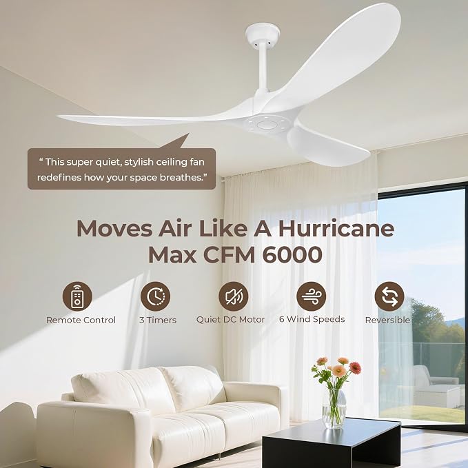 Obabala 60 Inch Ceiling Fan Without Lights, White | Outdoor Ceiling Fan with Remote, 6-Speed Adjustable Reversible DC Motor for Patio & Living Room