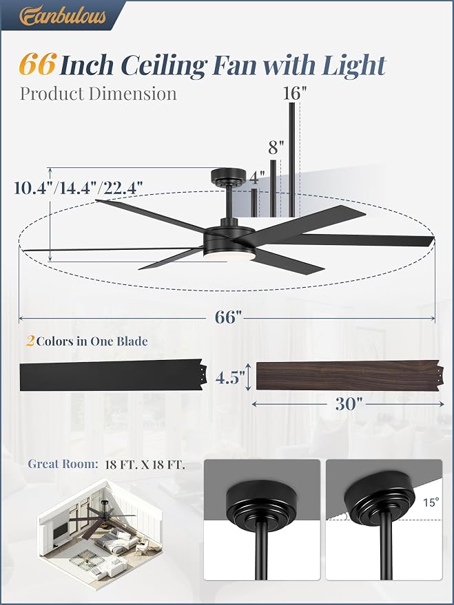 Fanbulous 66 Inch Ceiling Fans with Lights and Remote, Reversible 6 Blades, Dimmable, 3000K-6000K Adjustable, Outdoor Ceiling Fans for Patios, Large Ceiling Fan for Indoor or Covered Outdoor, Black