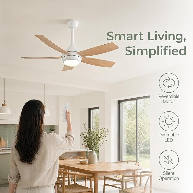 42 inch Ceiling Fan with Lights, 5 Blades, 6 Speeds DC Reversible, Dimmable, Low Profile Ceiling Fan with Light and Remote Control for Bedroom or Living Room