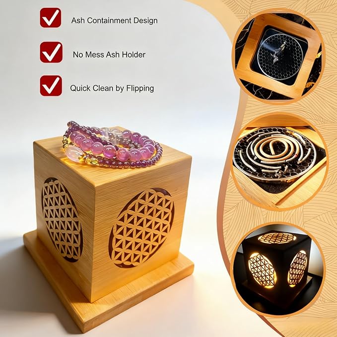 Bamboo Hollow-Out Incense Burner Holder,Type-C LED Ambient Night Light,Decorative Incense Holder Portable Camping Light,for Sticks Cones Coils Sage & Broken Incense,Zen Home Yoga（Life）