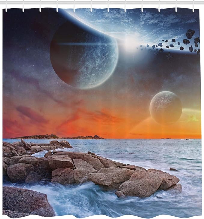 Ambesonne Galaxy Shower Curtain, Planet Landscape View from a Rocky Beach Ocean Science Room Theme, Cloth Fabric Bathroom Decor Set with Hooks, 69" W x 70" L, Orange Umber