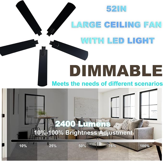 Coolwind Black Ceiling Fan with Display Remote/APP Control, 52 Inch Noiseless Modern 5 Blade Ceiling Fan with 8 Speeds & 3CCT, Dimmable, Timer, DC Reversible Motor for Bedroom, Living Room