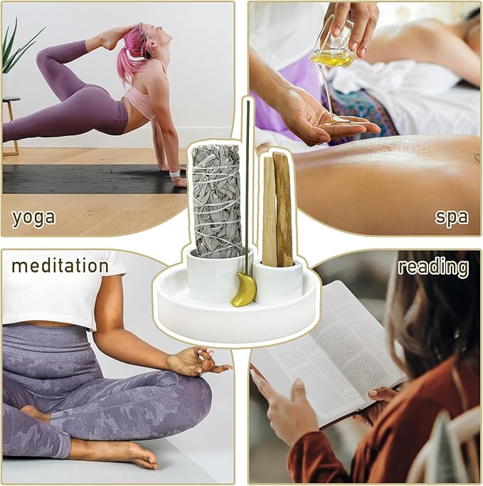 4 in 1 Incense Burner Holder, Palo Santo Holder, Sage Holder for Burning, Ceramic Incense Sticks Holder for Meditation Yoga Room Home Decor (White)