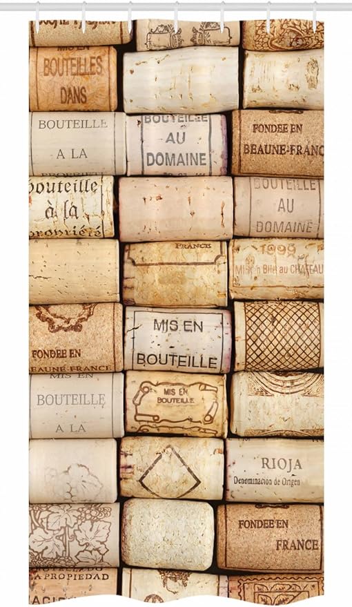 Ambesonne Winery Stall Shower Curtain, Different Wine Corks Arranged in a Line French Aged Fine Wine Art Print, Fabric Bathroom Decor Set with Hooks, 36" W x 72" L, Ivory Brown