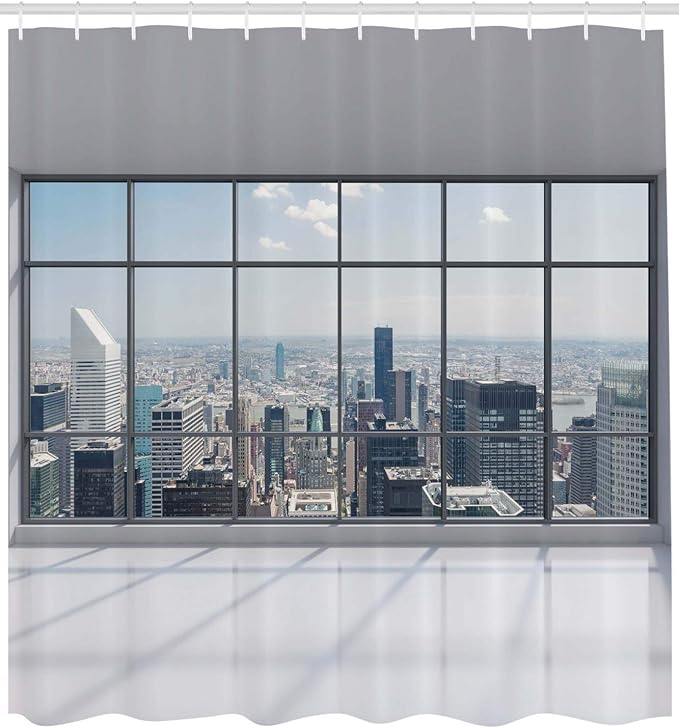 Ambesonne City Shower Curtain, Clean Office with Big Window Downtown Skyscraper Buildings Domestic Cityscape Art, Cloth Fabric Bathroom Decor Set with Hooks, 69" W x 70" L, Grey White