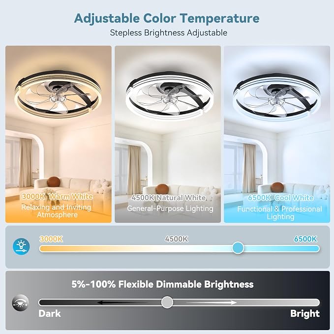 AIKVSXER Ceiling Fans with Lights and Remote, 20'' Low Profile Ceiling Fan with APP Control, 3000K-6500K Dimmable, Quiet Reversible DC, Modern Flush Mount Fandelier for Bedroom (Black-Stripe)