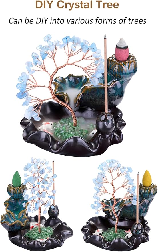 Jovivi Backflow Incense Burner Ceramic Incense Waterfall, Natural Aquamarine Healing Crystal Money Tree Incense Holder for Wealth, Good Luck, Yoga Meditation, Home Decor