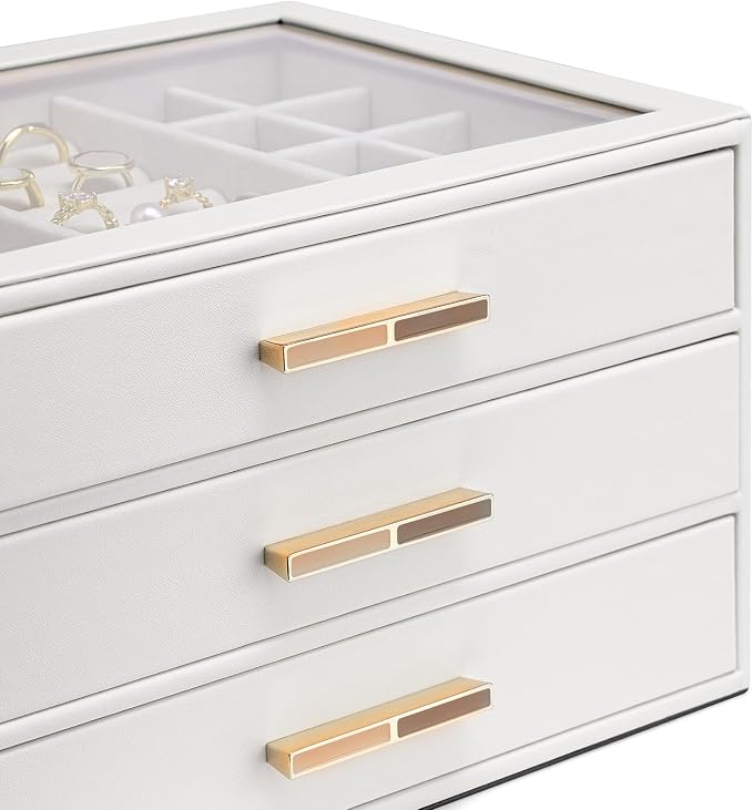 VLANDO 3-Drawer Jewelry Box with Glass Lid, Faux Leather Organizer for Rings Earrings Necklaces and More, Gift-Ready Jewelry Case for Women Girls or Moms, White