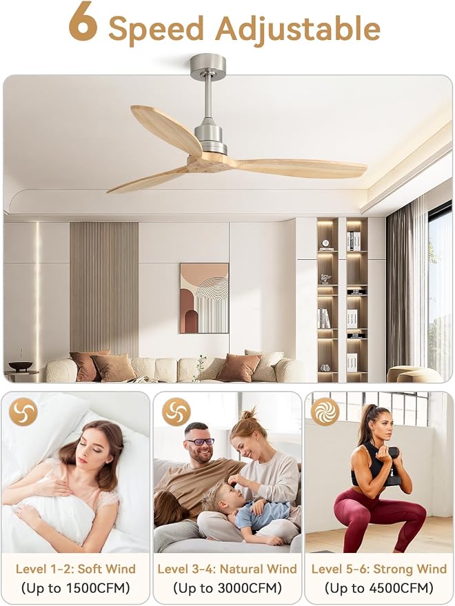 Sofucor 52 Inch Wood Ceiling Fans no Light, Works with App/Alexa/Google, Dimmable 6-Speed Outdoor Ceiling Fan with Remote for Indoor Bedroom Living Room Outdoor Patio Porch
