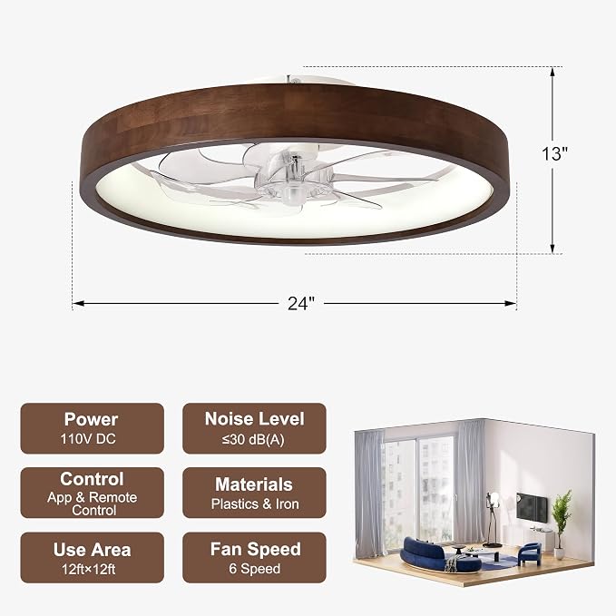 24” Low Profile Ceiling Fan with Light and Remote & APP Control | Dimmable LED,6 Speed,Reversible DC Motor,Solid Wood Frame Flush Mount Ceiling Fan with Light for Bedroom/Kidsroom/Dinng Room