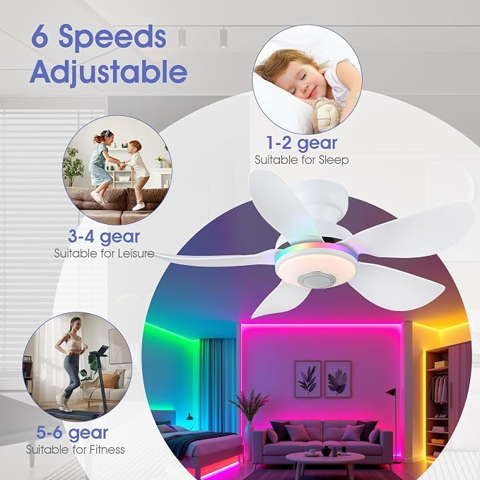 Kviflon 36 Inch White Ceiling Fan with Light, 5 Blades Flush Mount Fan with RGB & 3 CCT Dimmable Light, APP & Remote Control, Built-in Speaker, Reversible, 6 Speeds for Bedroom Living Room
