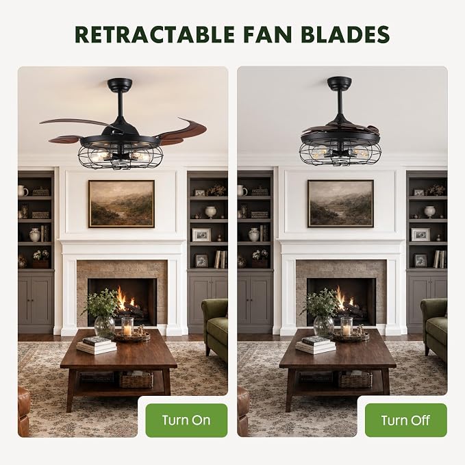 48" Rustic Ceiling Fan with Lights and Remote, Industrial Fandelier Ceiling Fan Black Retractable Invisible Ceiling Fan for Farmhouse Living Room Dining Room Bedroom Kitchen Garage