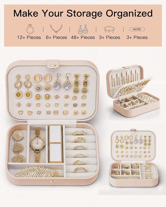 VLANDO Travel Jewelry Case, PU Leather Travel Jewelry Box with Earring Holder, Portable Display Mini Jewelry Case for Mothers Day Women Girls Gift - Nude Pink