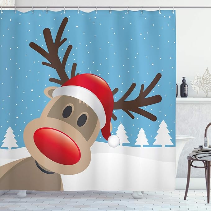 Ambesonne Christmas Shower Curtain, Reindeer Rudolph Red Nose and Santa Claus Hat Snowy Forest, Cloth Fabric Bathroom Decor Set with Hooks, 69" W x 84" L, Brown Blue