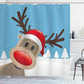 Ambesonne Christmas Shower Curtain, Reindeer Rudolph Red Nose and Santa Claus Hat Snowy Forest, Cloth Fabric Bathroom Decor Set with Hooks, 69" W x 84" L, Brown Blue