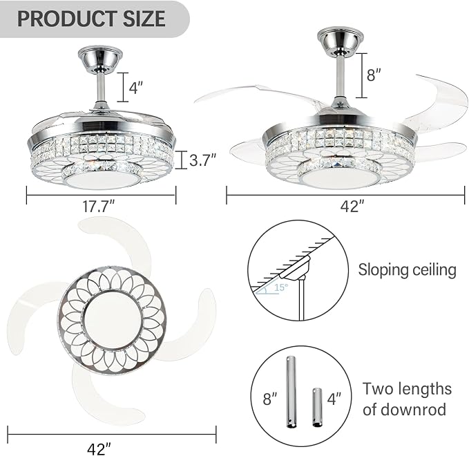 42" Retractable Ceiling Fans with Lights, Crystal Chandelier Ceiling Fan with Remote & APP Control, Modern Dimmable LED Fandelier for Living Room, Dinning Room, Bedroom (Silver)