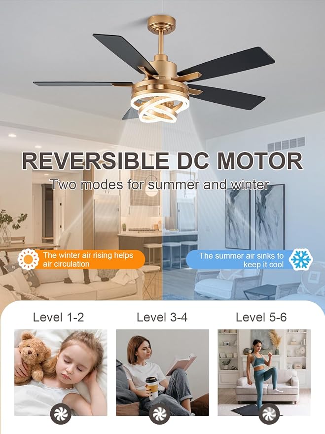 Bella Depot 52 Inch Gold Ceiling Fan Modern Chandelier Ceiling Fan with Dimmable Light, 6-Speed, Reversible, Timing Option - Ideal for Bedroom Living Room