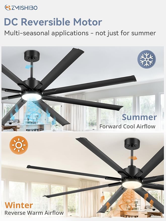 ZMISHIBO 84" Industrial Ceiling Fans with Lights, Large Ceiling Fan with 3CCT, 8 Reverisble Aluminum Blades, Quiet DC Motor, 6-Speed Remote, Indoor/Outdoor Ceiling Fans for Patios/Garage/Porch, Black