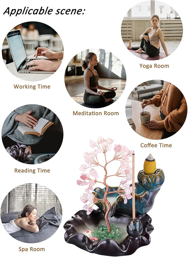 Jovivi Backflow Incense Burner Ceramic Incense Waterfall, Natural Rose Quartz Healing Crystal Money Tree Incense Holder for Wealth, Good Luck, Yoga Meditation, Home Decor