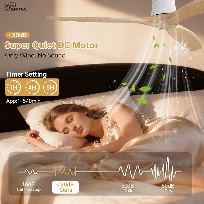 Sofucor 52" Smart Ceiling Fan No Light, Solid Wood Low Profile Ceiling Fan with Remote, Flush Mount Ceiling Fan Works with Alexa/Google/App 6-Speed Timing Reversible DC Motor for Living Room Bedroom