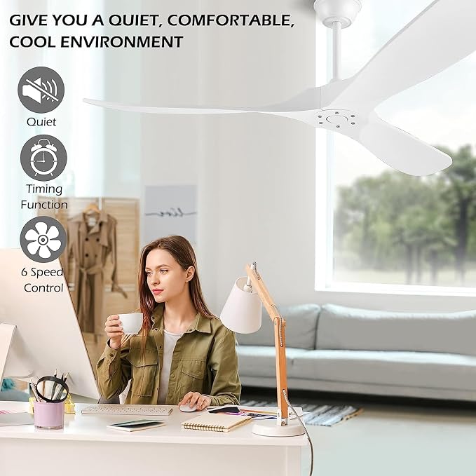 60 Inch White Ceiling Fan No Light ，Wood Indoor Outdoor Ceiling Fans for Patios Living Room Bedroom Porch Big Farmhouse Ceiling Fan for Flat Sloped Angled Ceiling