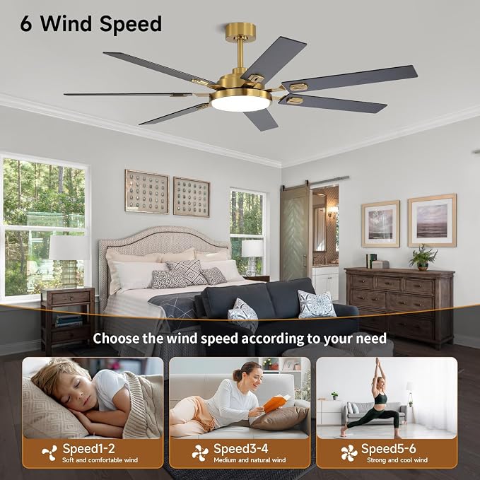 64 Inch Ceiling Fans with Lights and Remote, Bedroom Living Room Office Library Cafe Outdoor Industrial, 5CCT Dimmable, Dual Color 7 Blades, 6 Speed Reversible Quiet DC Motor, Gold/Wood Grain