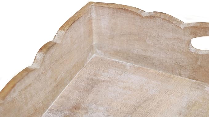 COTTON CRAFT Hand Carved Wooden Serving Tray - Breakfast Tray with Handles | White Wash Finish Decorative Dinner Tray - Rustic Intricately Detailed Unique Furnishing Accent - Food Tray - 17x13x2.75 Inch