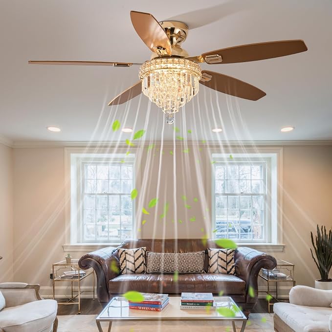 Crystal Ceiling Fan Fandelier with Lights-Ceiling Fans with Lights,54" Low Profile and Remote Control, Flush Mount, Reversible, Dimmable, Noiseless,Gold Ceiling Fan for Bedroom