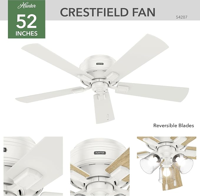 Hunter 52 inch Indoor Ceiling Fan with LED Lights and Pull Chain - Low Profile Flush Mount White Ceiling Fan, 5 Blades, For Bedroom, Living Room, or Kitchen, Quiet - Crestfield 54207, Fresh White