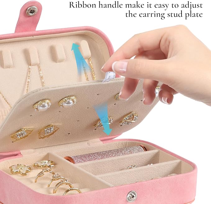 Hatori Travel Jewelry Box, PU Leather Small Jewelry Organizer for Women Girls, Double Layer Portable Mini Travel Case Display Storage Holder Boxes for Stud Earrings, Rings (Pink Beige)