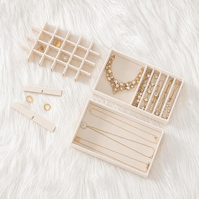 ProCase Stackable Jewelry Organizer Trays for Drawers, Jewelry Drawer Inserts Container Display Case Storage for Earring Necklace Rings Bracelet with Removable Dividers -Beige, 4 Layers