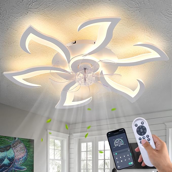 Dalouguan Modern Ceiling Fan with Lights Remote Control, 32" White 6 Speeds 3 Light Color Low Profile Flush Mount Ceiling Fan for Kitchen Bedroom