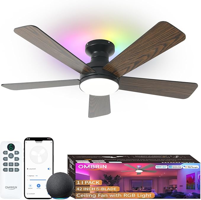 42 Inch Ceiling Fans with Lights, Smart Ceiling Fan with Alexa, Black Ceiling Fan with RGB Lights Remote, 6 Speeds Reversible DC Motor, Modern Flush Mount for Bedroom Living Room
