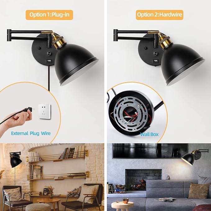Swing Arm Wall Sconces, Plug-in Wall lamp,Bedroom Wall lamp ， White Fabric Shade，，with dimmable Switch and USB Charging Port, Suitable for Bedside, Living Room, Reading (Metallic Black)