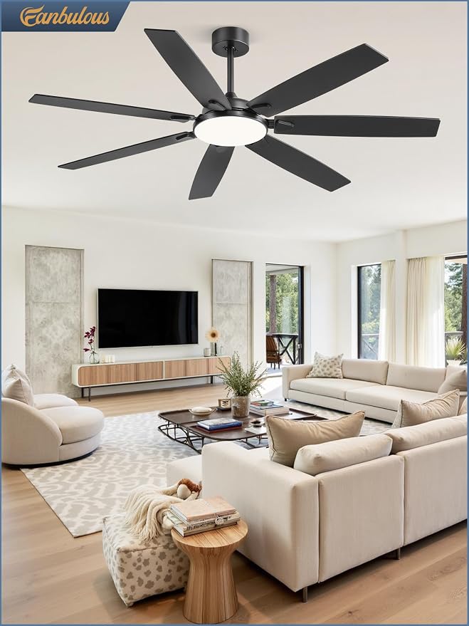 Fanbulous 62 Inch Large Ceiling Fans with Lights and Remote, Black Modern Ceiling Fan with 3CCT LED Light, Quiet DC Motor,Indoor/Outdoor Ceiling Fan with 7 Dual Finish Blades for Living Room, Patio