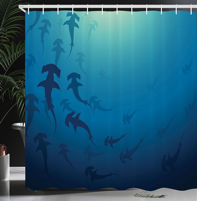 Ambesonne Sea Animals Shower Curtain, Hammerhead Shark Scan Ocean Dangerous Predator Wild Nature Illustration, Cloth Fabric Bathroom Decor Set with Hooks, 69" W x 70" L, Navy Blue