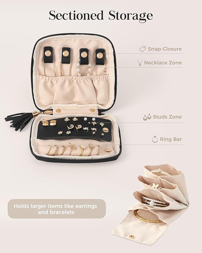 Lolalet Travel Jewelry Case Organizer, Soft Jewellery Pouch -Black | Storage Bag for Traveling Women, with Multi Compartments for Packing Necklaces, Earrings, Bracelets