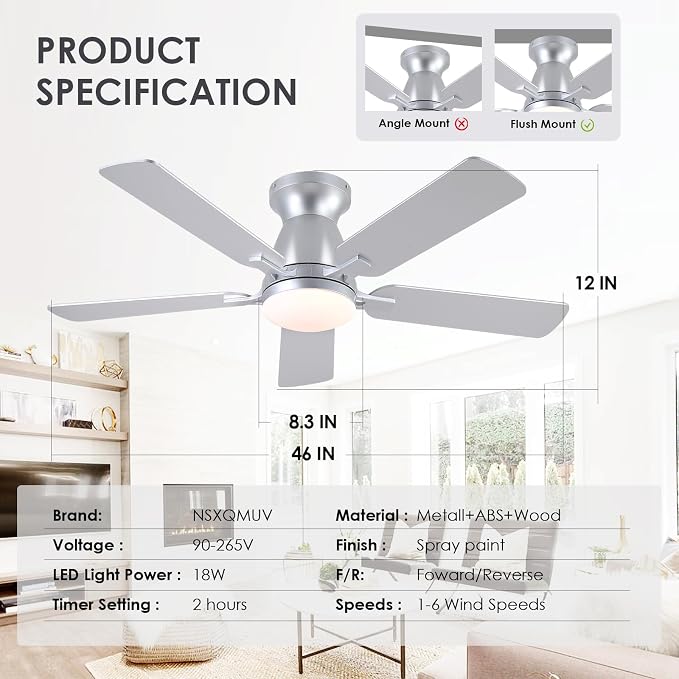 46 Inch Ceiling Fans with Lights and Remote, Flush Mount, Silver | Low Profile, Dimmable LED, Reversible, Quiet DC Motor, Wooden Blades, for Modern Apartment Bedroom Home Office Living Room