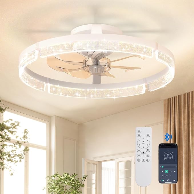 addlon 20'' Ceiling Fans with Lights and Remote, Low Profile Flush Mount Ceiling Fan with Light, 3000-6000K Dimmable LED Fandelier, Modern Small White Ceiling Fan for Bedroom, Kitchen, Living Room