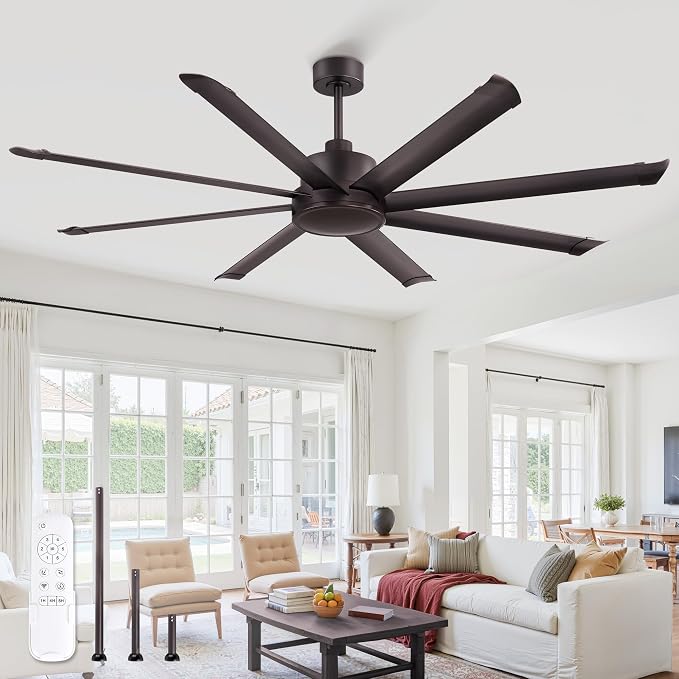 ZMISHIBO 72 Inch Large Ceiling Fan No Light, 8 Aluminum Blades, 6-Speed Remote Control, Industrial Ceiling Fan without Light, Quiet DC Motor, Indoor/Outdoor Ceiling Fans for Patio, Garage, Shop
